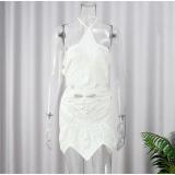 White Halter Neck Asymmetrical Knitted Dress with Hollow Flower Trendy Club Wear
