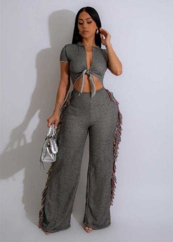 Gray Womens Jumpsuit Night Club Party V-neck Short Sleeve Tassel Wide Leg Pants