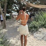 White Halter Neck Asymmetrical Knitted Dress with Hollow Flower Trendy Club Wear