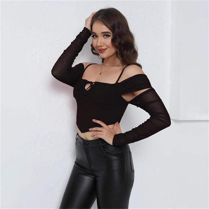 Black Strapless Mesh Lace Off Shoulder Sexy Cut Out Lace Up Club Crop Tops