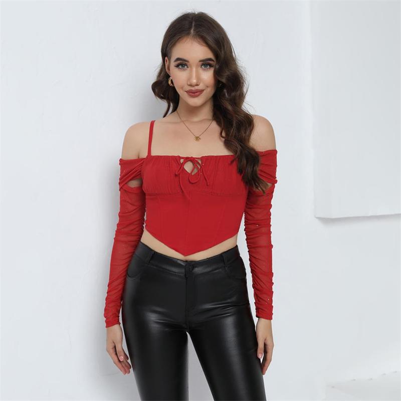 Red Strapless Mesh Lace Off Shoulder Sexy Cut Out Lace Up Club Crop Tops