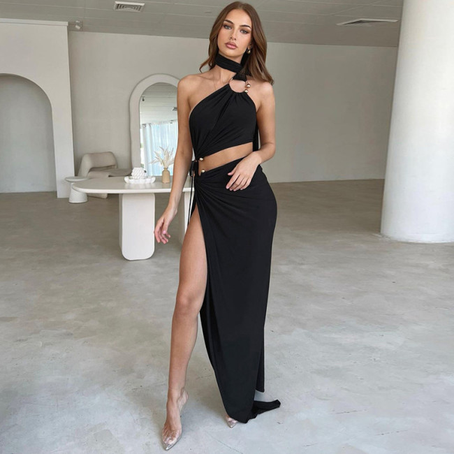 Black One Shoulder Snatched Hollow Out Fashion Women Vacation Maxi Dress