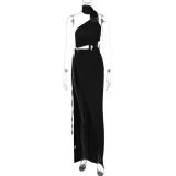 Black One Shoulder Snatched Hollow Out Fashion Women Vacation Maxi Dress