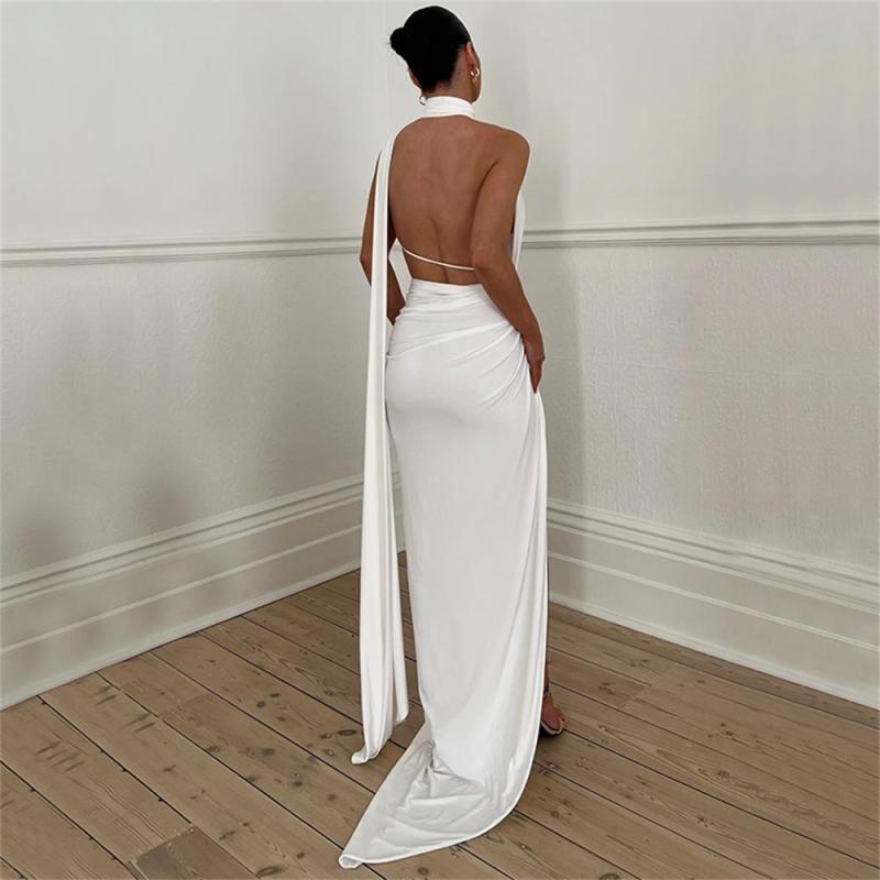 White One Shoulder Snatched Hollow Out Fashion Women Vacation Maxi Dress