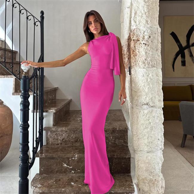 Rose Red One Shoulder Fashion Women Elegant Temperament Maxi Dress