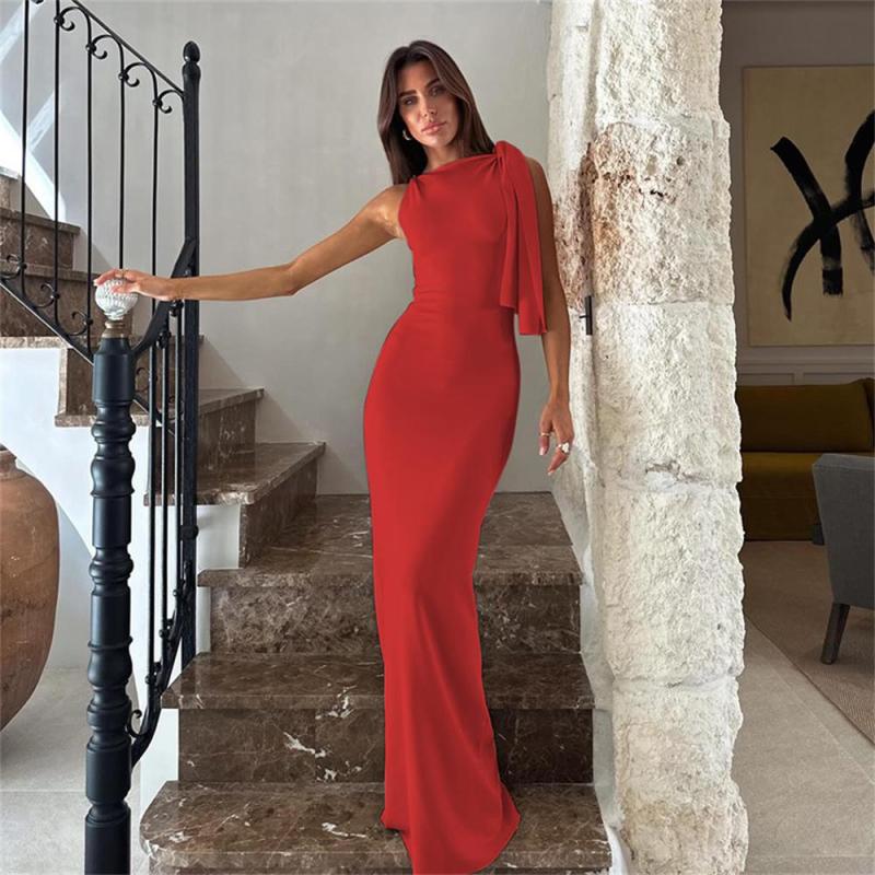 Red One Shoulder Fashion Women Elegant Temperament Maxi Dress