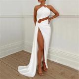 White One Shoulder Snatched Hollow Out Fashion Women Vacation Maxi Dress