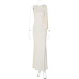 Beige One Shoulder Fashion Women Elegant Temperament Maxi Dress