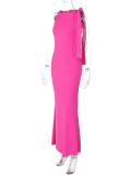 Rose Red One Shoulder Fashion Women Elegant Temperament Maxi Dress