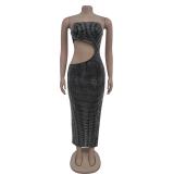 Black Luxury Off Shoulder Rhinestones Cut Out Bodycon Slit Prom Midi Dress