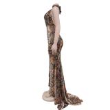 Brown Sleeveless Straps Deep V Neck Printed Leopard Sexy Evening Long Dress