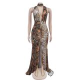 Brown Sleeveless Straps Deep V Neck Printed Leopard Sexy Evening Long Dress