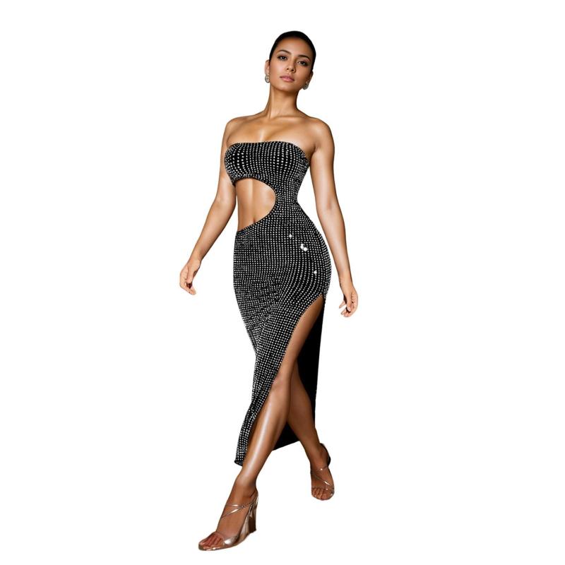 Black Luxury Off Shoulder Rhinestones Cut Out Bodycon Slit Prom Midi Dress