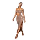 Beige Luxury Off Shoulder Rhinestones Cut Out Bodycon Slit Prom Midi Dress