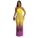 Yellow Glamour Diamond Long Dress – Sleek Slim Fit with European-American Elegance