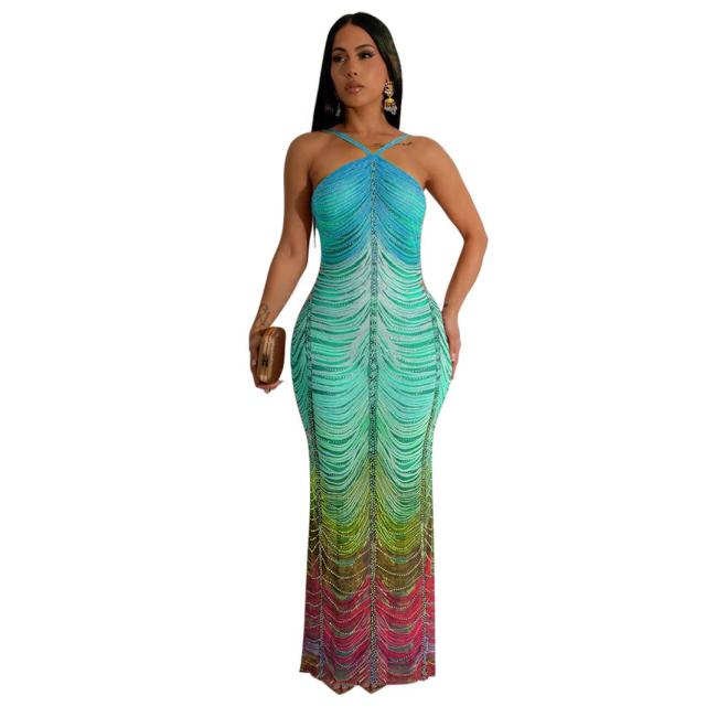 Green Glamour Diamond Long Dress – Sleek Slim Fit with European-American Elegance