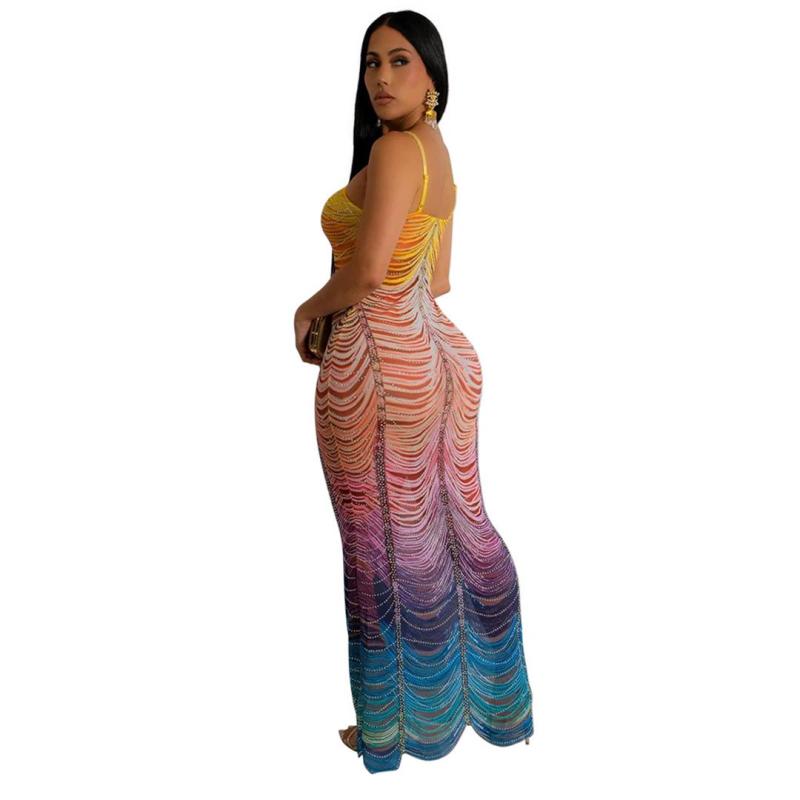 Orange Glamour Diamond Long Dress – Sleek Slim Fit with European-American Elegance