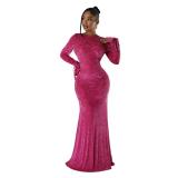 Rose Red Sexy Long Sleeve Hollow Velvet Dress Hip-Wrapped Evening Dress for Women