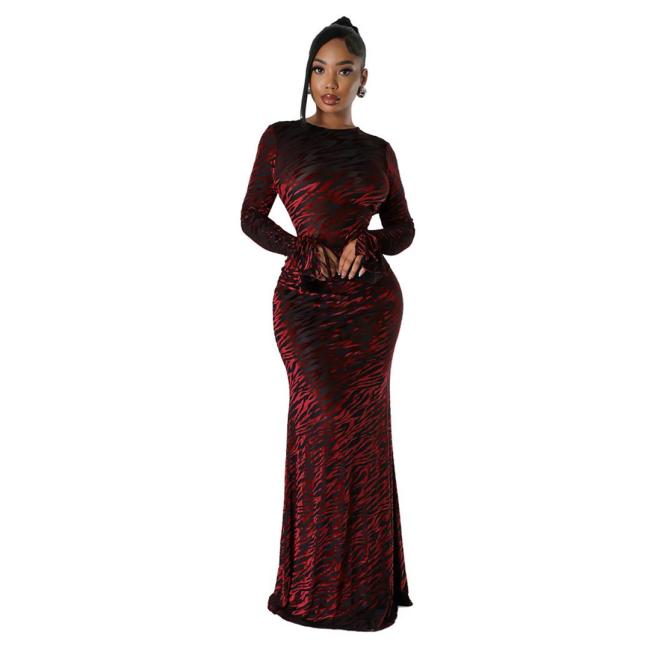 Claret Red Sexy Long Sleeve Hollow Velvet Dress Hip-Wrapped Evening Dress for Women