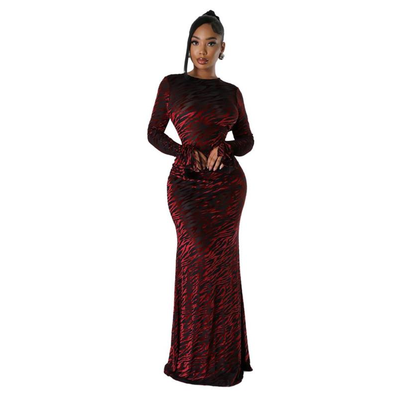 Claret Red Sexy Long Sleeve Hollow Velvet Dress Hip-Wrapped Evening Dress for Women