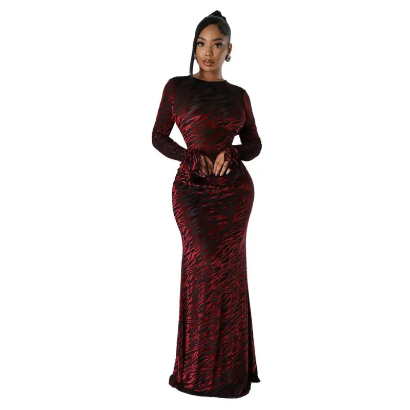 Claret Red Sexy Long Sleeve Hollow Velvet Dress Hip-Wrapped Evening Dress for Women