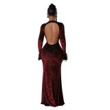 Claret Red Sexy Long Sleeve Hollow Velvet Dress Hip-Wrapped Evening Dress for Women