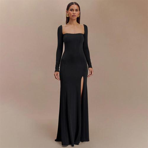 Black Long Sleeve Boat Neck Pleated Luxury Women Slit Party Maxi Dress