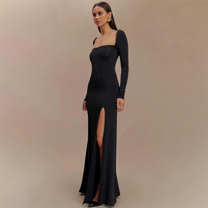 Black Long Sleeve Boat Neck Pleated Luxury Women Slit Party Maxi Dress