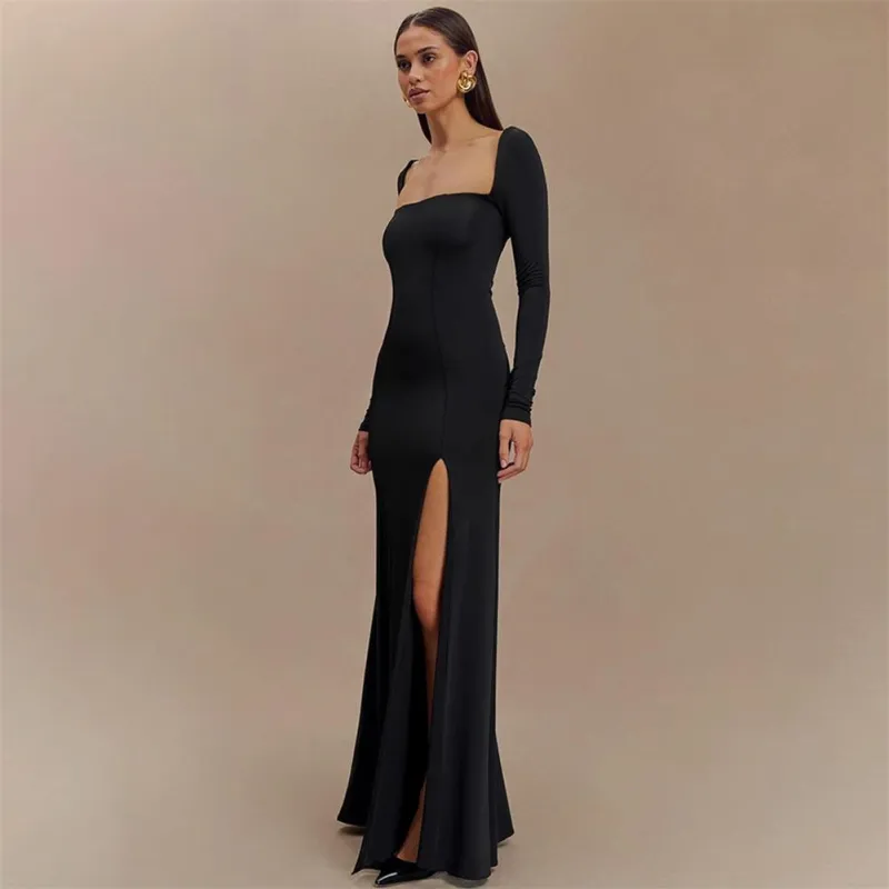 Black Long Sleeve Boat Neck Pleated Luxury Women Slit Party Maxi Dress
