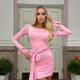 Pink Round Neck Long Sleeve with Bow Tie & Pleated Slim Fit Bandage Dress