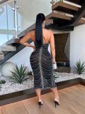 Black Strapless V Neck Mesh Rhinestones See Through Bodycon Women Party Dress