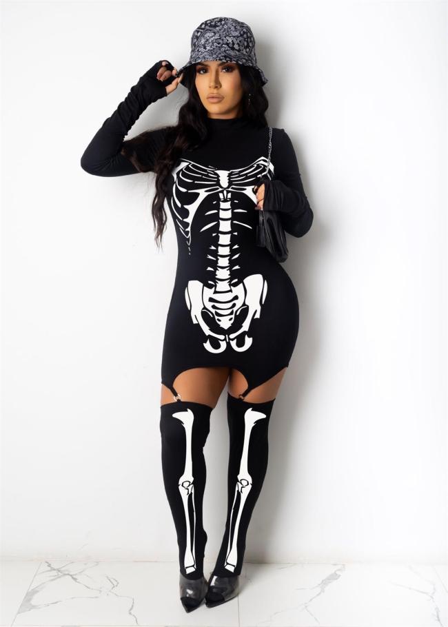 Black Printed Long Sleeve Bodycon Party Mini Dress with Garter Stockings Set