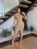 Beige Strapless V Neck Mesh Rhinestones See Through Bodycon Women Party Dress