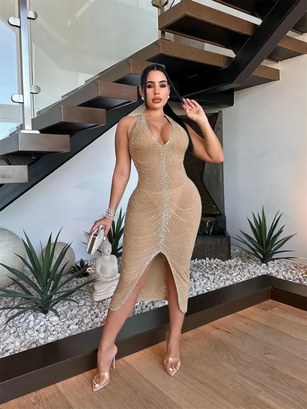 Beige Strapless V Neck Mesh Rhinestones See Through Bodycon Women Party Dress