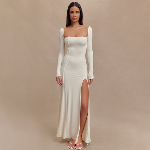 White Long Sleeve Boat Neck Pleated Luxury Women Slit Party Maxi Dress