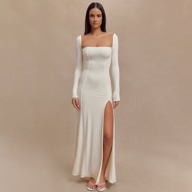 White Long Sleeve Boat Neck Pleated Luxury Women Slit Party Maxi Dress