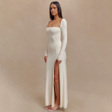 White Long Sleeve Boat Neck Pleated Luxury Women Slit Party Maxi Dress