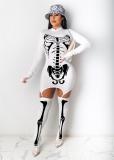 White Printed Long Sleeve Bodycon Party Mini Dress with Garter Stockings Set