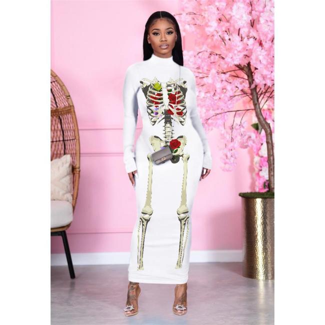 White Long Sleeve Printed Bodycon Fashion Women Backless Party Midi Dress