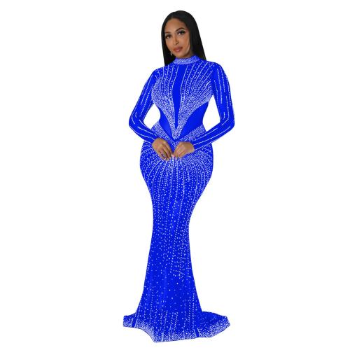 Elegant Bodycon Blue Diamonds Long Dresses for Women Sexy Birthday Party Prom Gown