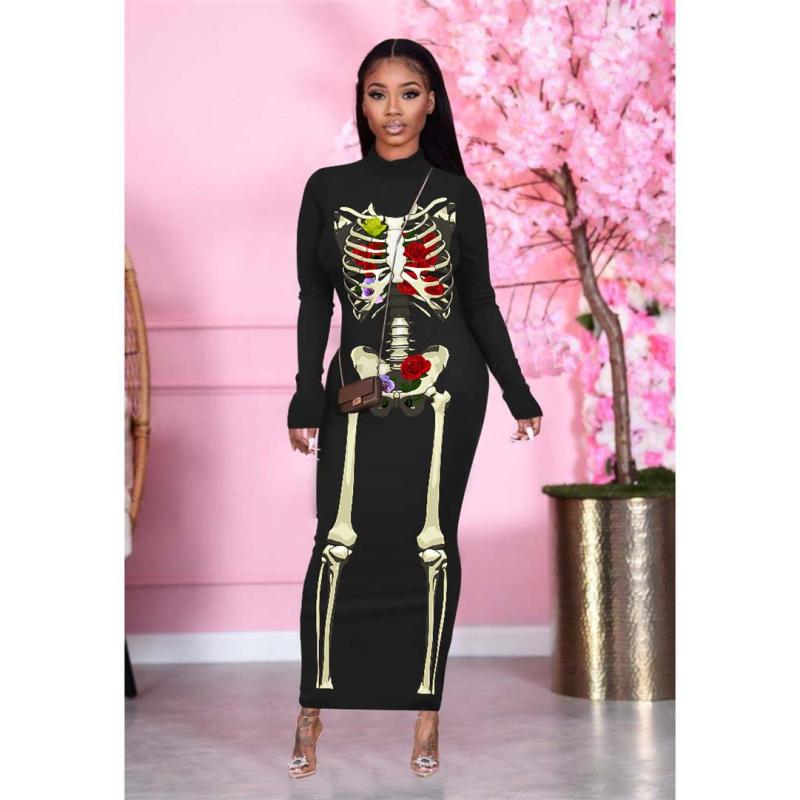 Black Long Sleeve Printed Bodycon Fashion Women Backless Party Midi Dress