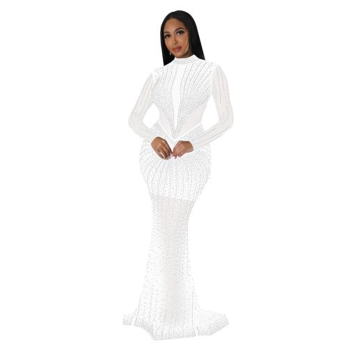 Elegant Bodycon White Diamonds Long Dresses for Women Sexy Birthday Party Prom Gown