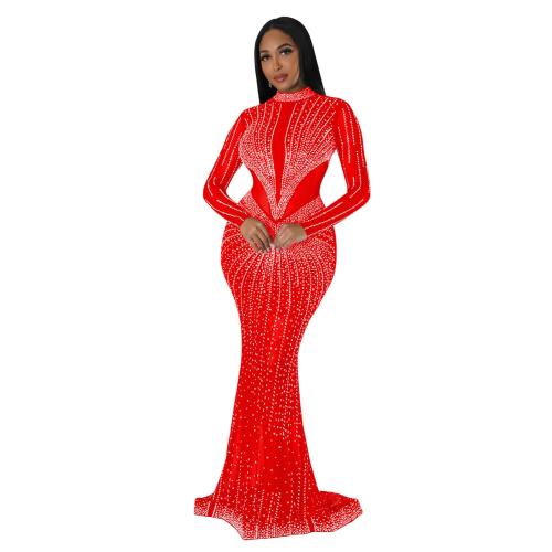 Elegant Bodycon Red Diamonds Long Dresses for Women Sexy Birthday Party Prom Gown
