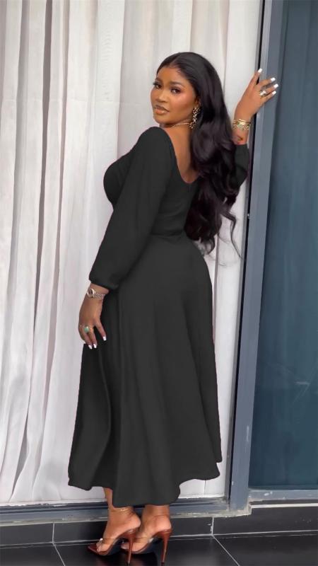Black Long Sleeve Square Neck Lace Up Fashion Women Street Wear Skirt Dress