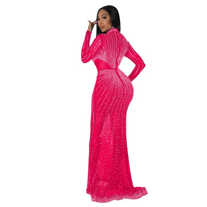 Elegant Bodycon Rose Red Diamonds Long Dresses for Women Sexy Birthday Party Prom Gown
