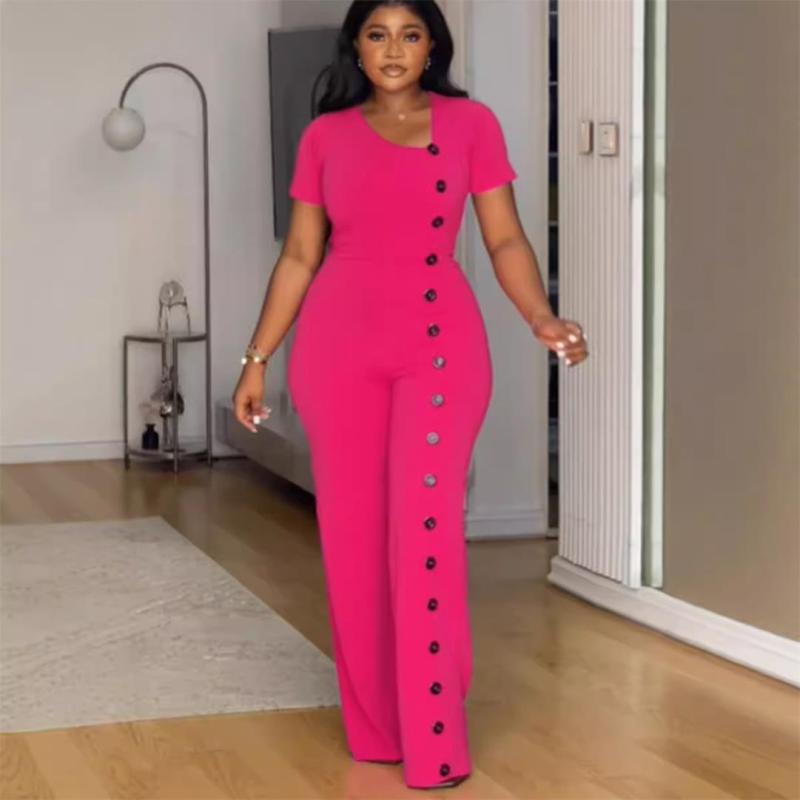 Rose Red Irregular Necks Short Sleeve Button Fashion Women Jumpsuit Dress