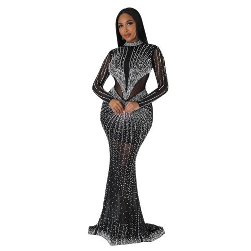Elegant Bodycon Black Diamonds Long Dresses for Women Sexy Birthday Party Prom Gown