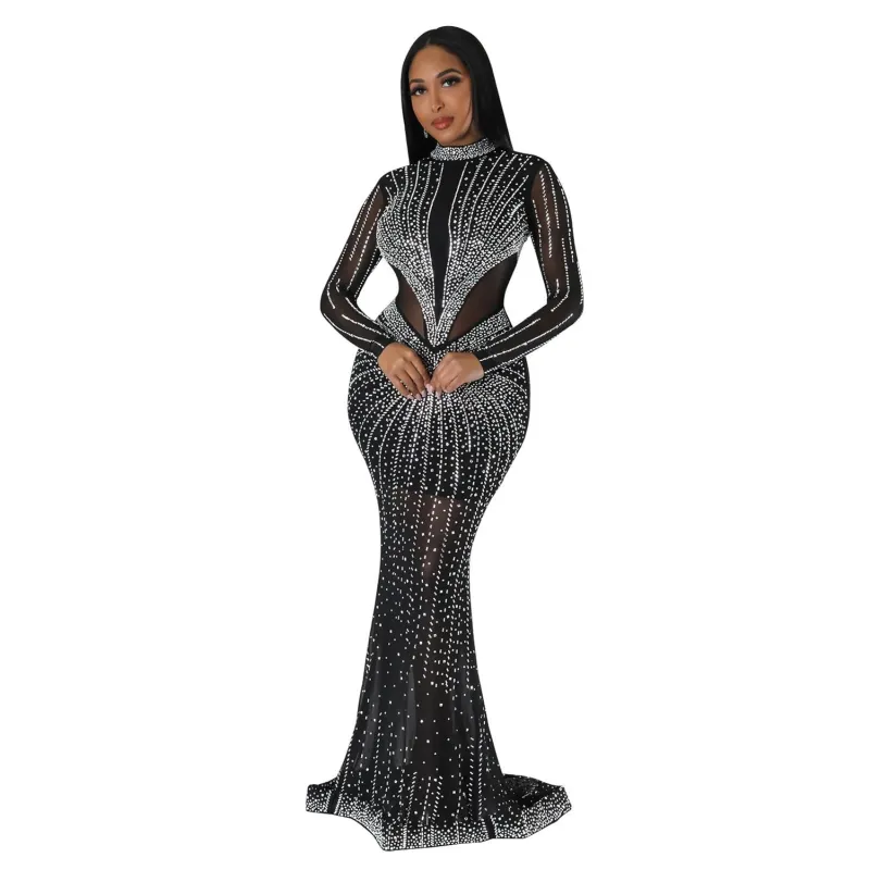 Elegant Bodycon Black Diamonds Long Dresses for Women Sexy Birthday Party Prom Gown