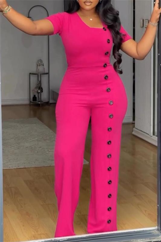 Rose Red Irregular Necks Short Sleeve Button Fashion Women Jumpsuit Dress