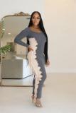 Gray Long Sleeve Patchwork Tassels Bodycon Party Women Midi Dress